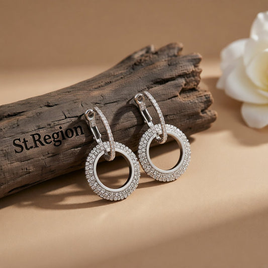 Cubic Zirconia and Silver-Plated Interlock Circle Drop Earrings, silver huggie earrings, botanical inspired, front view