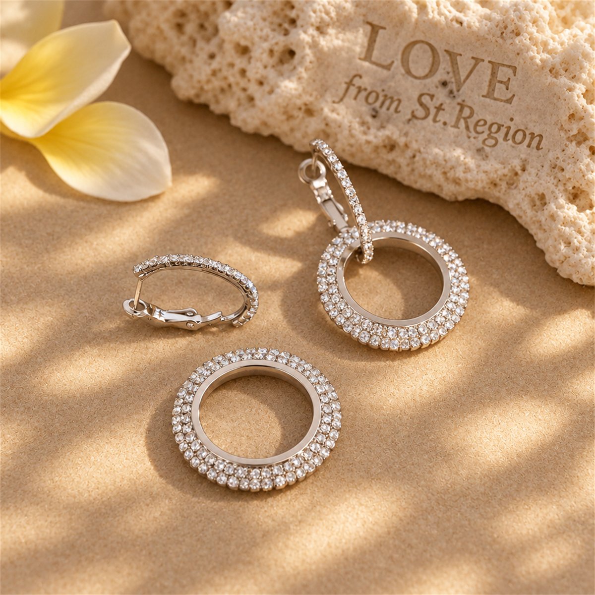 Cubic Zirconia and Silver-Plated Interlock Circle Drop Earrings, silver huggie earrings, botanical inspired, lifestyle look