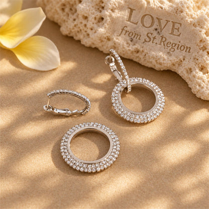 Cubic Zirconia and Silver-Plated Interlock Circle Drop Earrings, silver huggie earrings, botanical inspired, lifestyle look