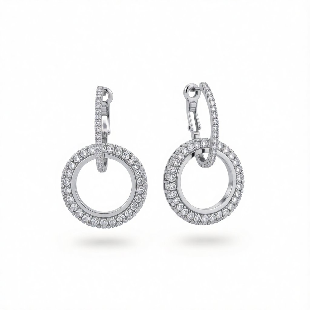 Cubic Zirconia and Silver-Plated Interlock Circle Drop Earrings, silver huggie earrings, botanical inspired, side view