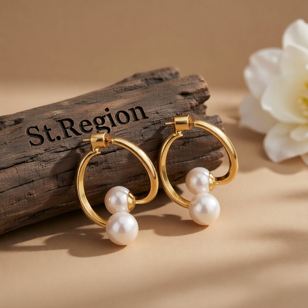 Pearl and 18K Gold-Plated Ring Drop Earrings, everyday style, front view