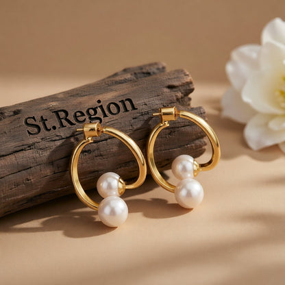 Pearl and 18K Gold-Plated Ring Drop Earrings, everyday style, front view