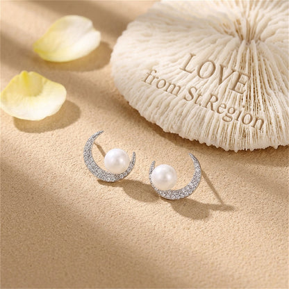 Cubic Zirconia and Pearl Silver-Plated Crescent Stud Earrings, silver stud earrings for women, lifestyle look