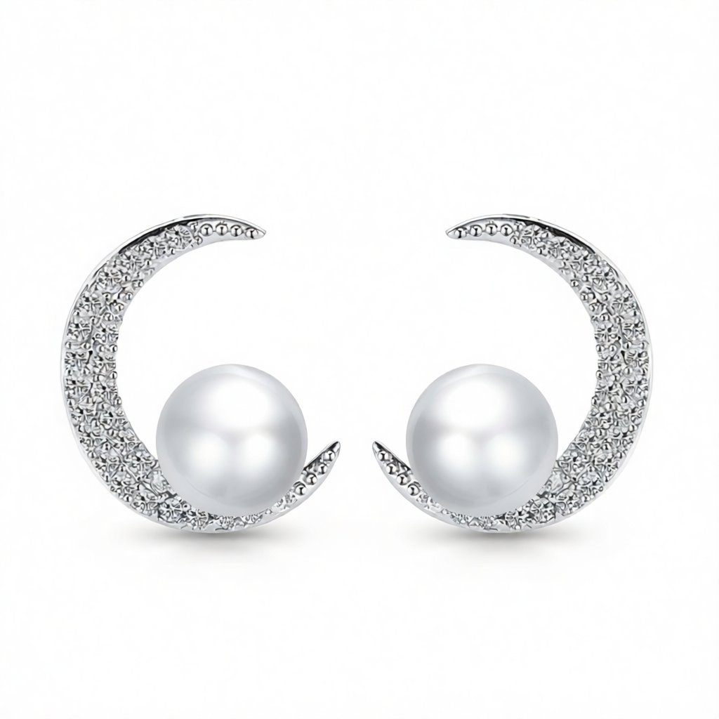 Cubic Zirconia and Pearl Silver-Plated Crescent Stud Earrings, silver stud earrings for women, side view