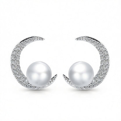 Cubic Zirconia and Pearl Silver-Plated Crescent Stud Earrings, silver stud earrings for women, side view