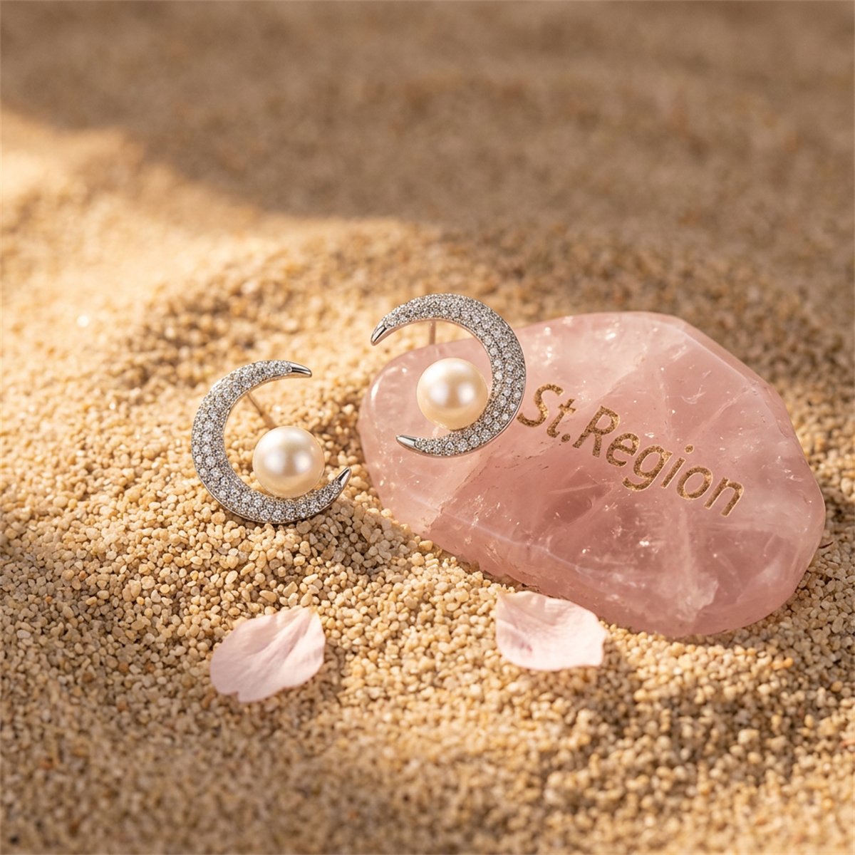 Cubic Zirconia and Pearl Silver-Plated Crescent Stud Earrings, silver stud earrings for women, detail close-up