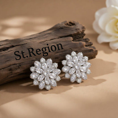 Crystal and Silver-Plated Flower Stud Earrings, silver stud earrings for women, vintage-inspired design, front view