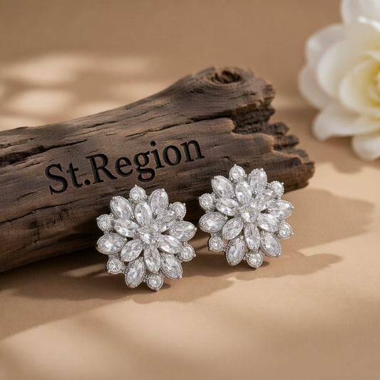 Crystal and Silver-Plated Flower Stud Earrings, silver stud earrings for women, vintage-inspired design, front view