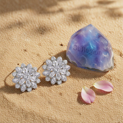 Crystal and Silver-Plated Flower Stud Earrings, silver stud earrings for women, vintage-inspired design, detail close-up