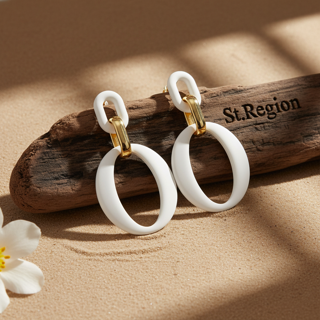 White Enamel & 18K Gold-Plated Openwork Oval Drop Earrings - Street Region