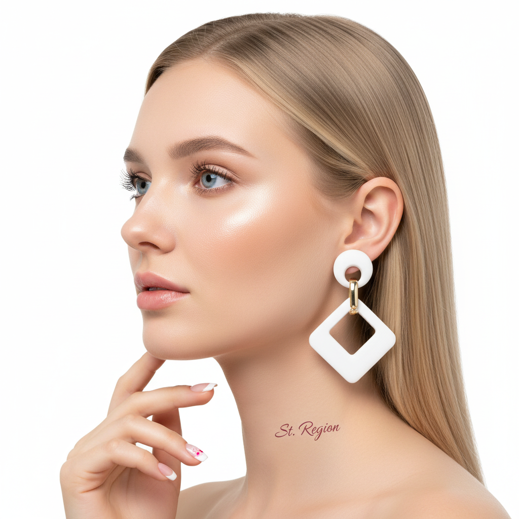 White Enamel & 18K Gold-Plated Open Rhombus Drop Earrings - Street Region