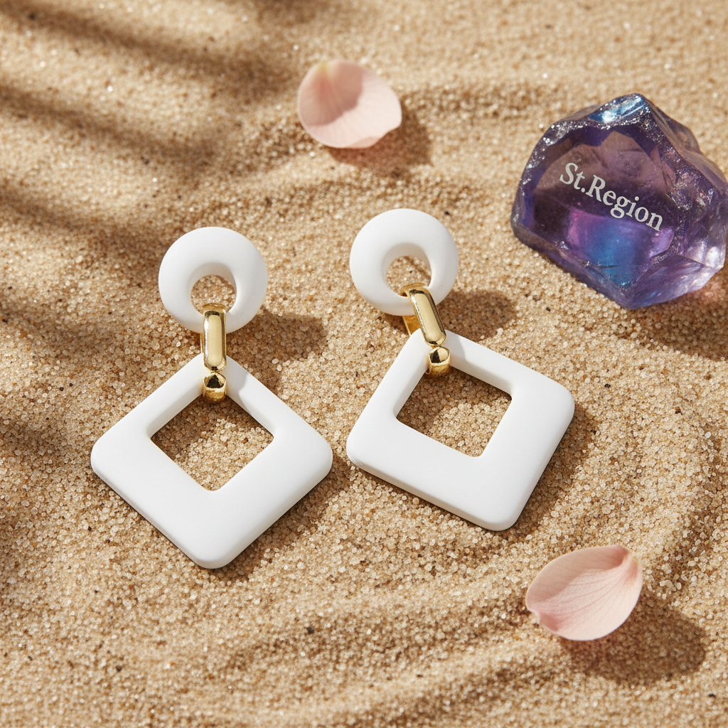 White Enamel & 18K Gold-Plated Open Rhombus Drop Earrings - Street Region