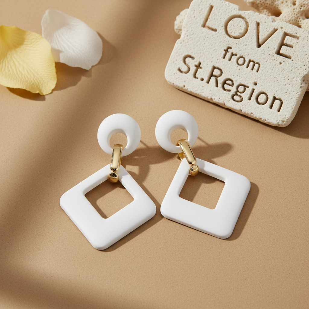 White Enamel & 18K Gold-Plated Open Rhombus Drop Earrings - Street Region