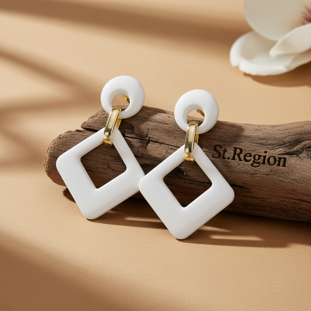 White Enamel & 18K Gold-Plated Open Rhombus Drop Earrings - Street Region