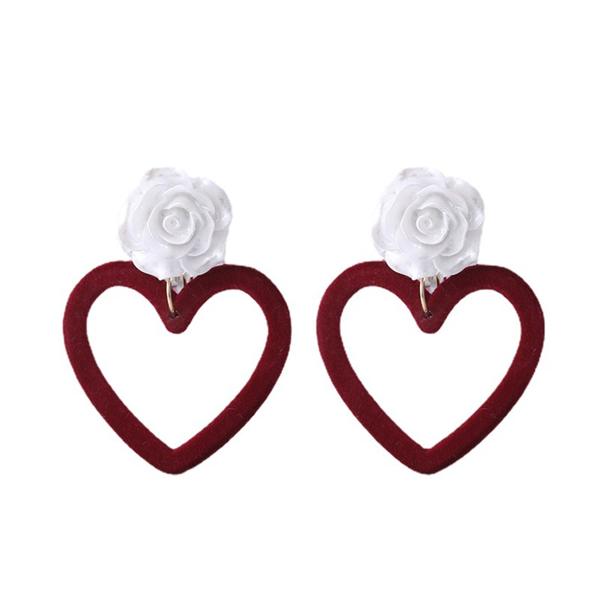 Wine Red Nylon & White Resin Rose Heart Drop Earrings