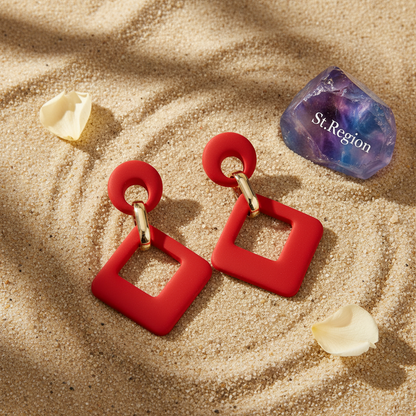 Wine Red Enamel & 18K Gold-Plated Open Rhombus Drop Earrings - Street Region