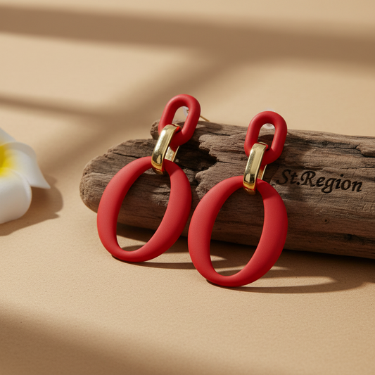 Wine Red Enamel & 18K Gold-Plated Openwork Oval Drop Earrings - Street Region