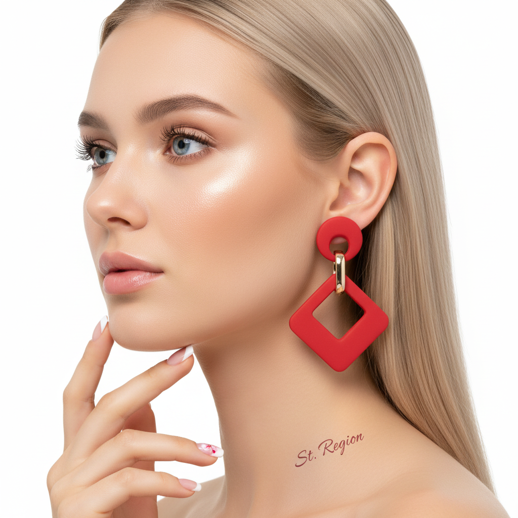 Wine Red Enamel & 18K Gold-Plated Open Rhombus Drop Earrings - Street Region