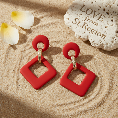 Wine Red Enamel & 18K Gold-Plated Open Rhombus Drop Earrings - Street Region