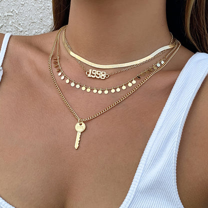 18K Gold-Plated 'Love 1998' Key Snake Chain Pendant Necklace Set, jewelry gift sets for women, front view