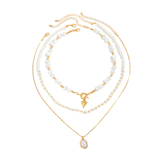 Pearl and Goldtone Beads Chain Heart Pendant Necklace Set, gold pendant necklace for women, elegant gift for her, front view