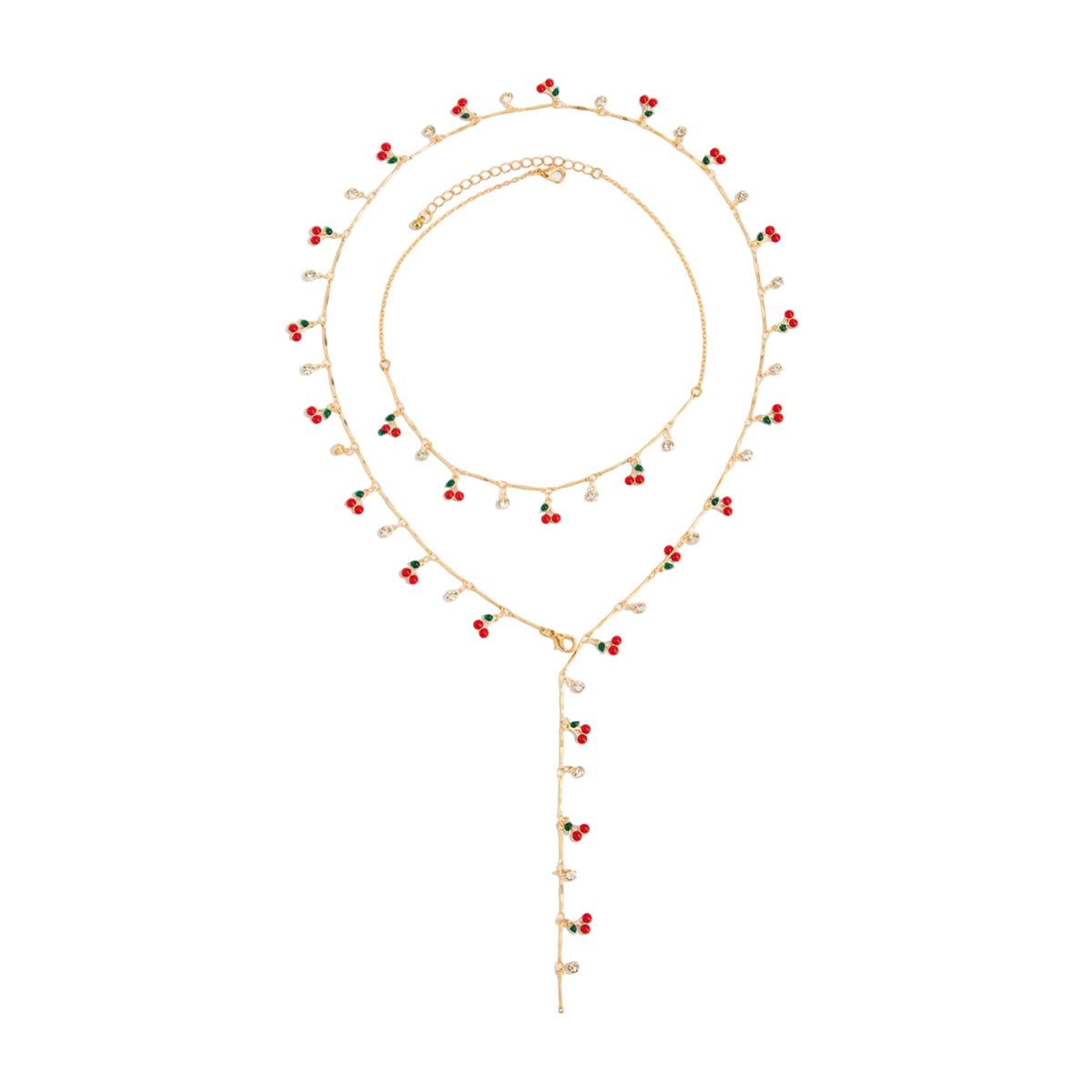 Red Enamel and Cubic Zirconia Goldtone Cherry Station Y-Necklace Set, gold pendant necklace for women, front view