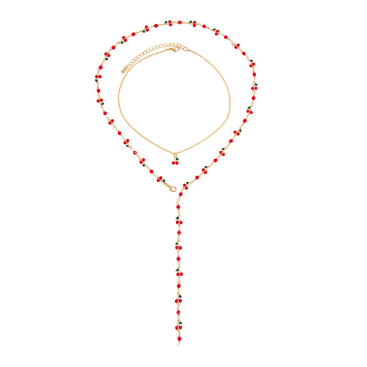 Red Enamel and Goldtone Cherry Station Lariat Necklace Set, gold pendant necklace for women, elegant gift for her, front view