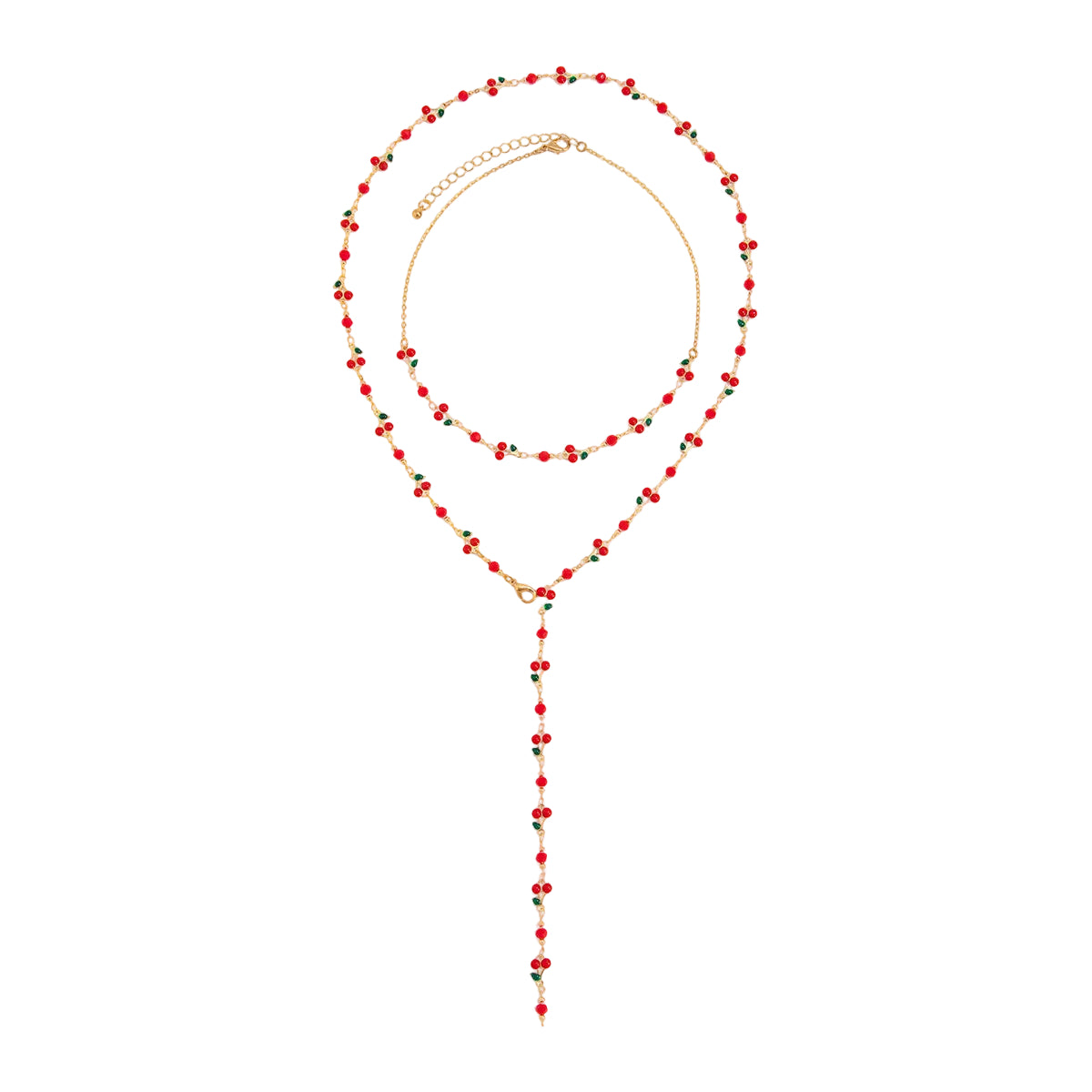 Red Enamel and Goldtone Cherry Station Y-Necklace Set, gold pendant necklace for women, botanical inspired, front view