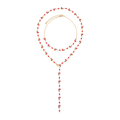 Red Enamel and Goldtone Cherry Station Y-Necklace Set, gold pendant necklace for women, botanical inspired, front view