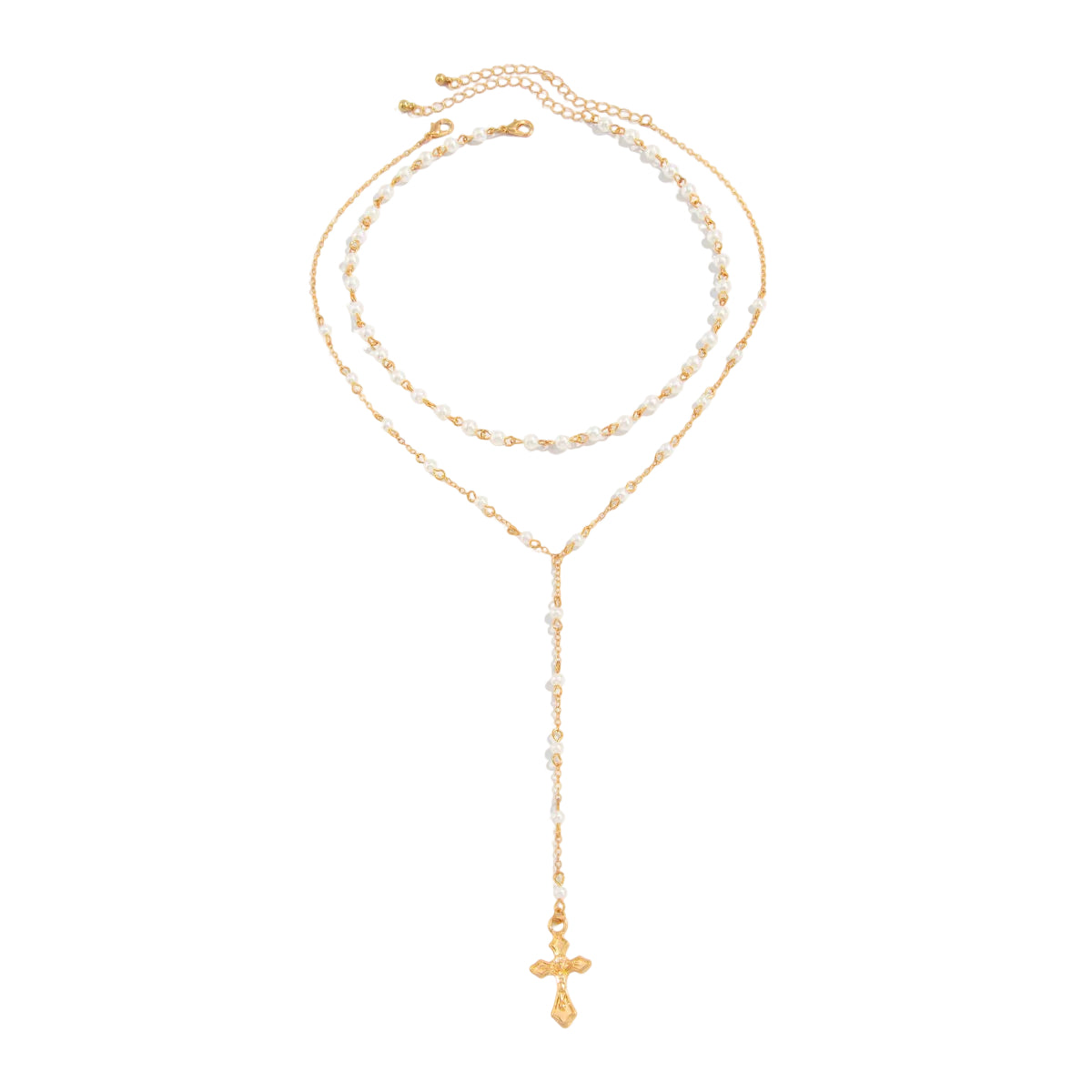 Pearl and Goldtone Cross Drop Necklace Set, gold pendant necklace for women, botanical inspired, front view