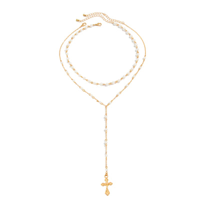 Pearl and Goldtone Cross Drop Necklace Set, gold pendant necklace for women, botanical inspired, front view