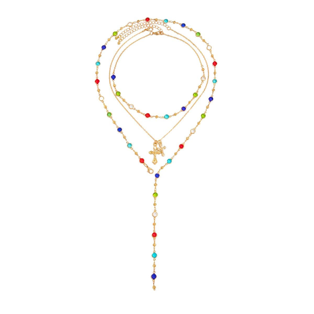Multi-Colored Crystal and Goldtone Cross Pendant Lariat Necklace Set, gold pendant necklace for women, front view