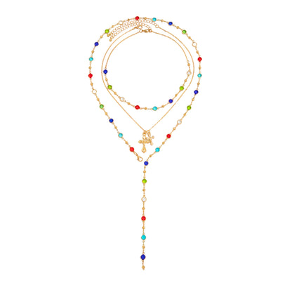 Multi-Colored Crystal and Goldtone Cross Pendant Lariat Necklace Set, gold pendant necklace for women, front view