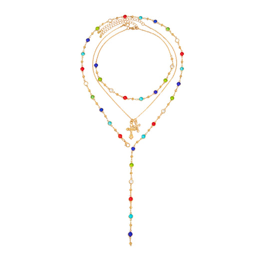 Multi-Colored Crystal and Goldtone Cross Pendant Lariat Necklace Set, gold pendant necklace for women, front view