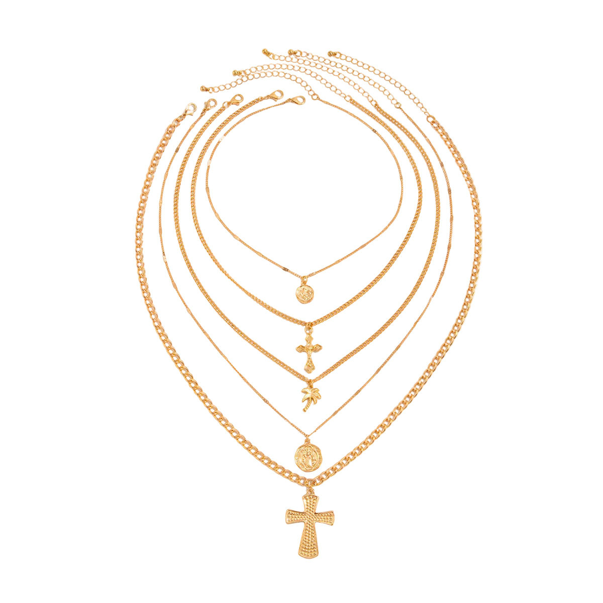 Goldtone Palm Tree and Cross Pendant Necklace Set, gold pendant necklace for women, elegant gift for her, front view