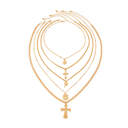 Goldtone Palm Tree and Cross Pendant Necklace Set, gold pendant necklace for women, elegant gift for her, front view