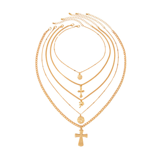 Goldtone Palm Tree and Cross Pendant Necklace Set, gold pendant necklace for women, elegant gift for her, front view