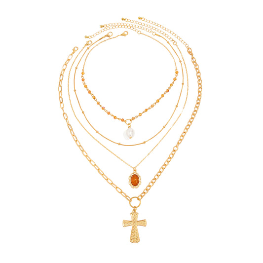 Resin and Pearl Goldtone Oval Cross Pendant Necklace Set, gold pendant necklace for women, everyday style, front view