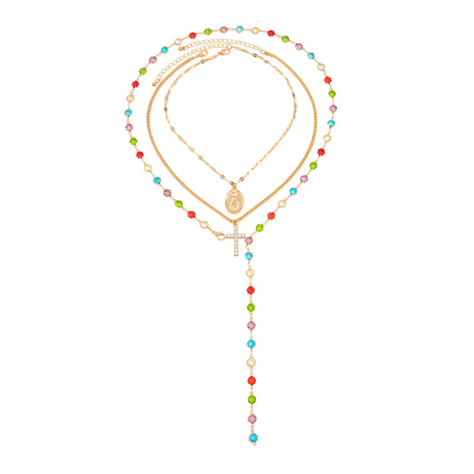 Multi-Colored Crystal and Cubic Zirconia Goldtone Cross Pendant Y-Necklace Set, gold pendant necklace for women, front view