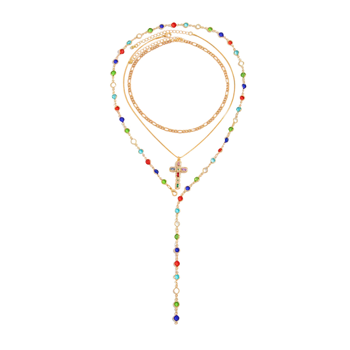Multi-Colored Crystal and Cubic Zirconia Goldtone Cross Pendant Drop Necklace Set, gold pendant necklace for..., front view