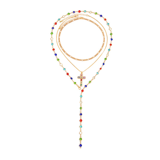 Multi-Colored Crystal and Cubic Zirconia Goldtone Cross Pendant Drop Necklace Set, gold pendant necklace for..., front view