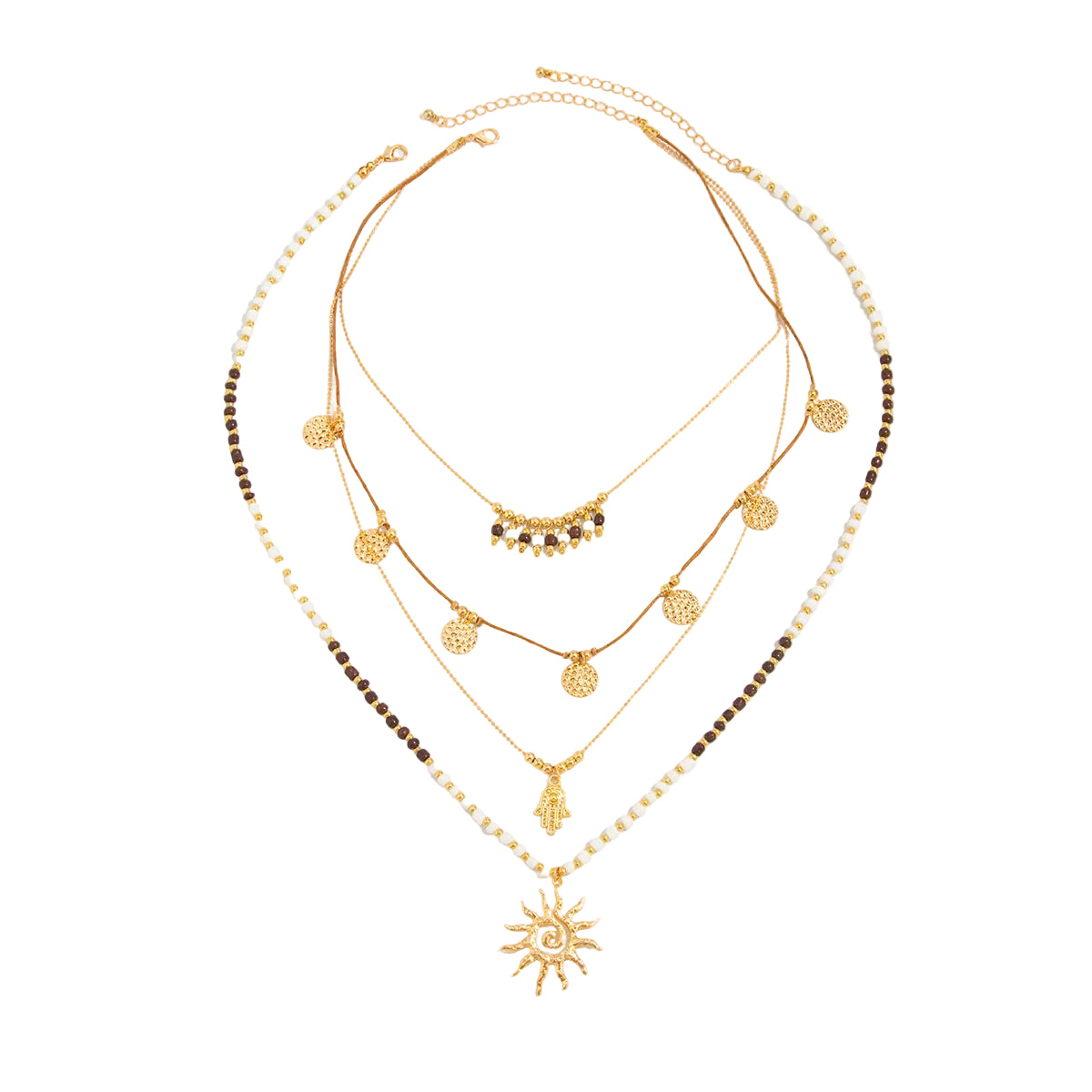 Black Howlite and Polyster Goldtone Hamsa Sun Pendant Necklace Set, gold pendant necklace for women, front view