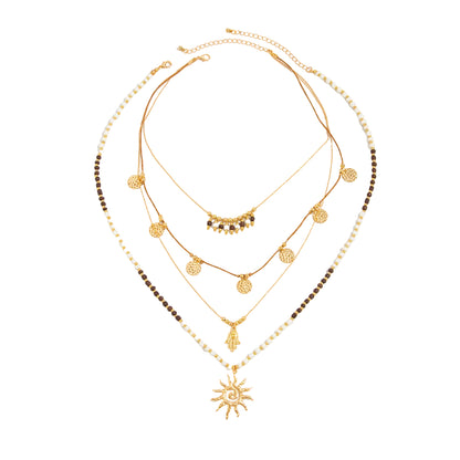 Black Howlite and Polyster Goldtone Hamsa Sun Pendant Necklace Set, gold pendant necklace for women, front view