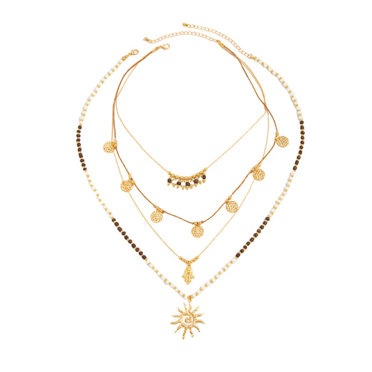 Black Howlite and Polyster Goldtone Hamsa Sun Pendant Necklace Set, gold pendant necklace for women, front view