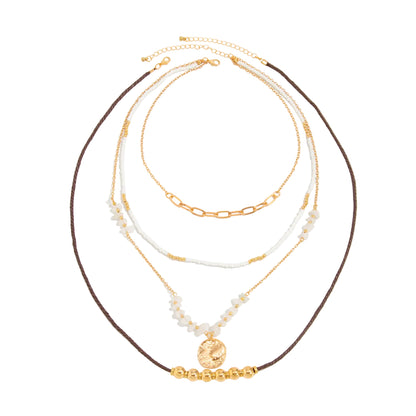 Pink Quartz and Howlite Polyster Goldtone Beads Chain Coin Pendant Necklace Set, gold pendant necklace for women, front view