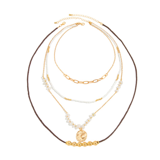 Pink Quartz and Howlite Polyster Goldtone Beads Chain Coin Pendant Necklace Set, gold pendant necklace for women, front view