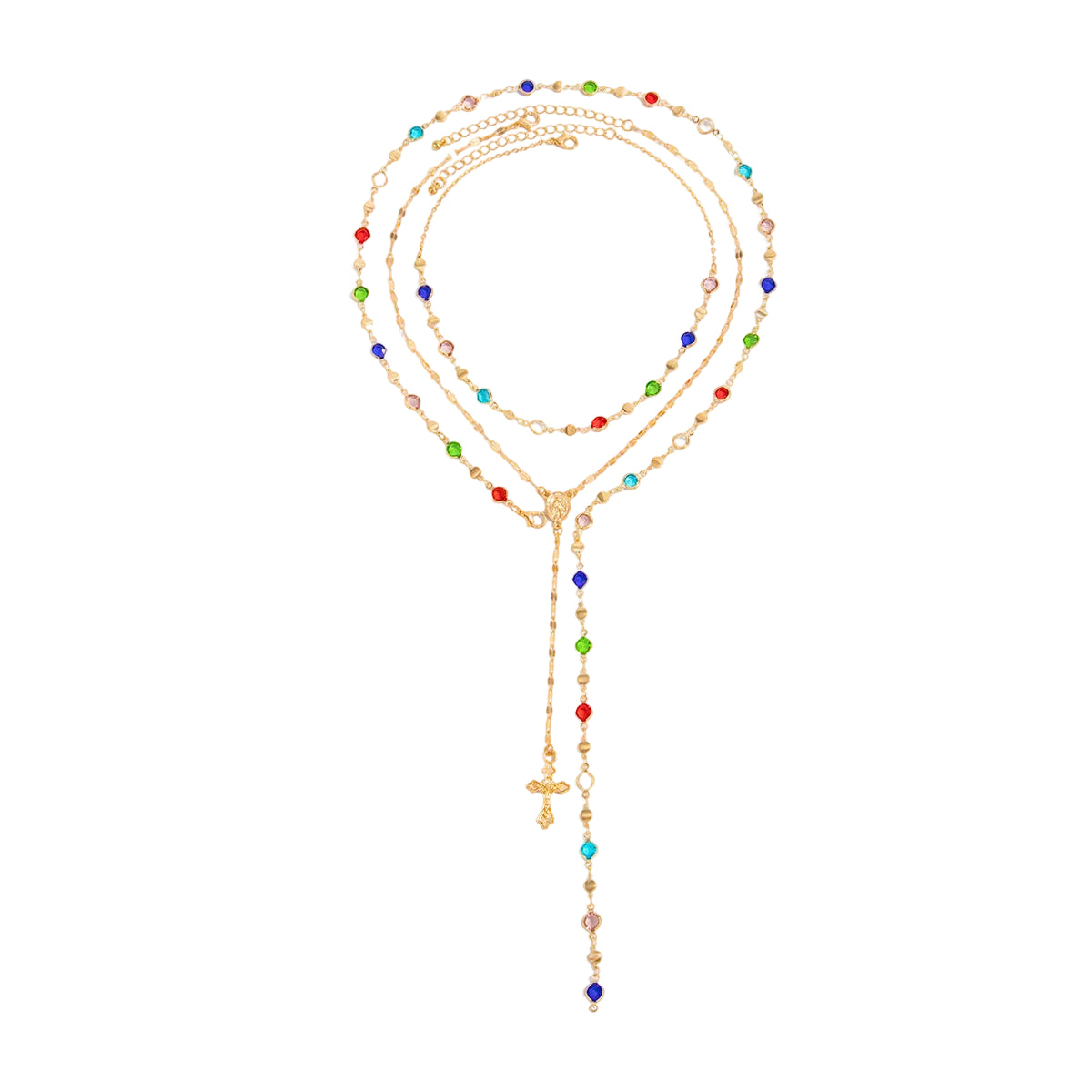 Multi-Colored Crystal and Goldtone Marry Cross Drop Necklace Set, gold pendant necklace for women, everyday style, front view