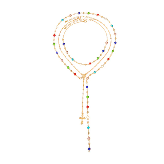 Multi-Colored Crystal and Goldtone Marry Cross Drop Necklace Set, gold pendant necklace for women, everyday style, front view
