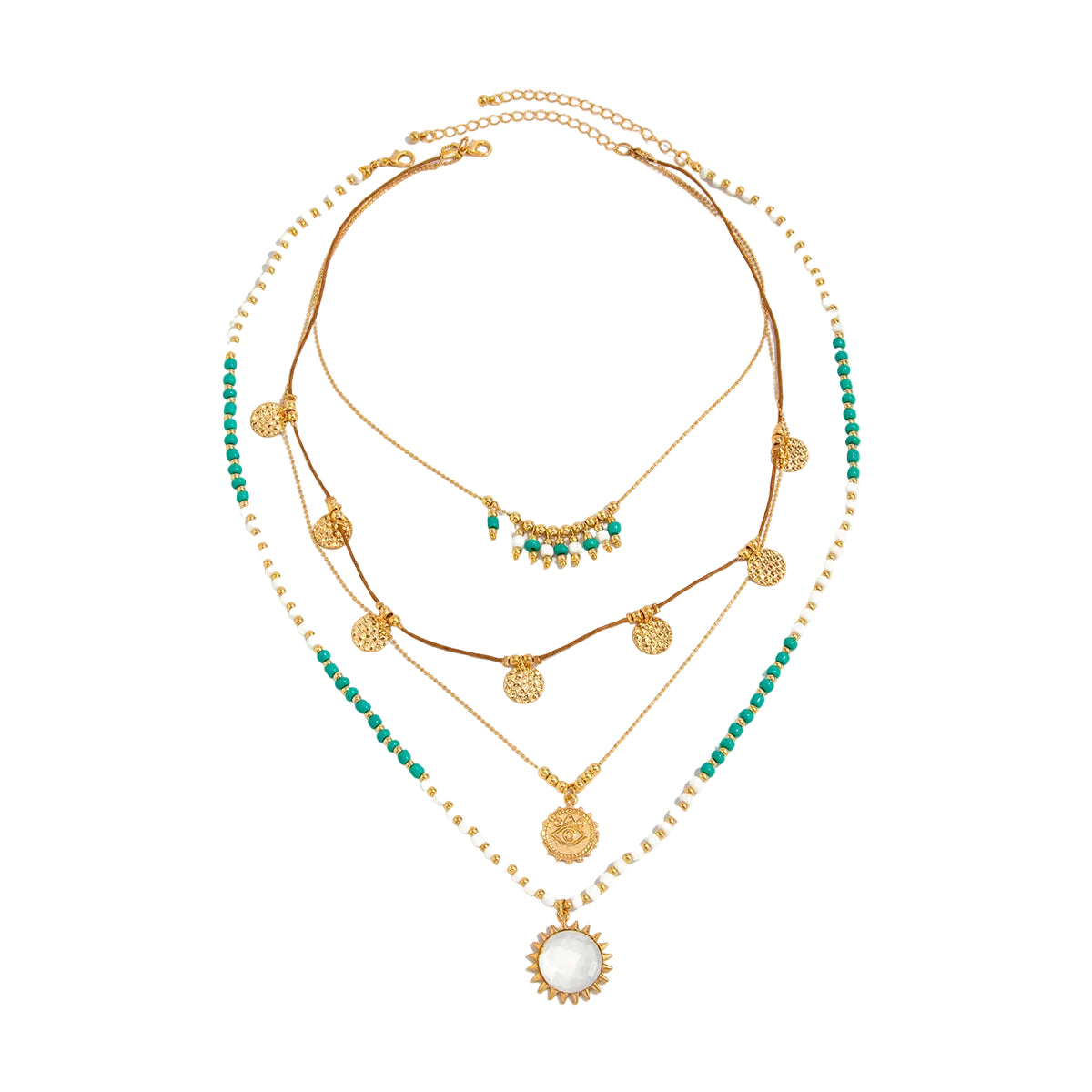 White Quartz and Howlite Polyster Goldtone Eye Sun Pendant Necklace Set, gold pendant necklace for women, front view