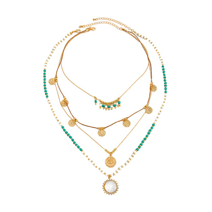 White Quartz and Howlite Polyster Goldtone Eye Sun Pendant Necklace Set, gold pendant necklace for women, front view
